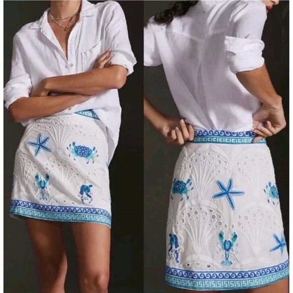 Maeve Anthropologie White Skirt 8 Ocean Animal Nautical Embroidered Bead Eyelet - Picture 2 of 11